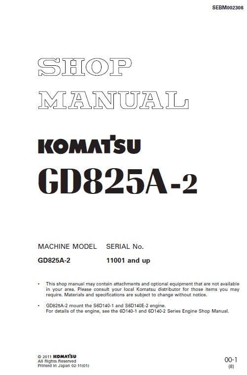 Komatsu GD825A-2 Motor Grader Pdf Shop Repair Service Manual