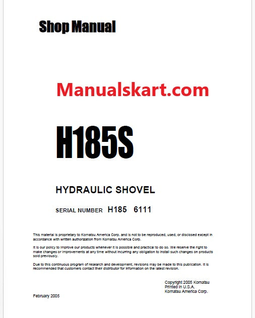 Komatsu H185S Hydraulic Shovel Pdf Repair Service Manual Sn 6111