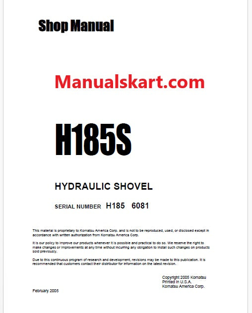 Komatsu H185S Hydraulic Shovel Pdf Repair Service Manual