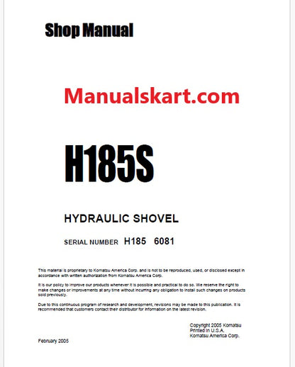 Komatsu H185S Hydraulic Shovel Pdf Repair Service Manual