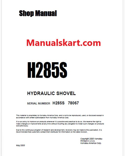 Komatsu H285S Hydraulic Shovel Pdf Repair Service Manual Sn 78067