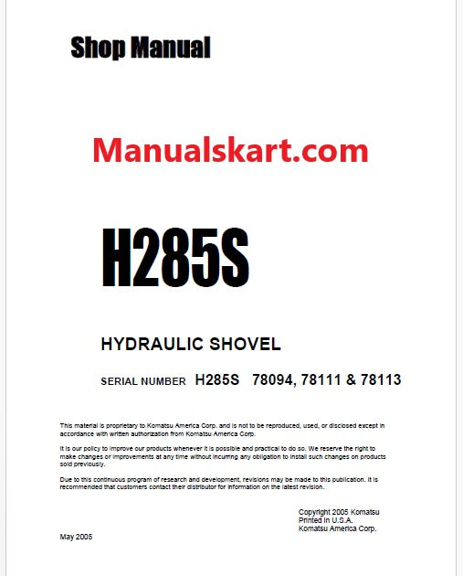 Komatsu H285S Hydraulic Shovel Pdf Repair Service Manual Sn 78094