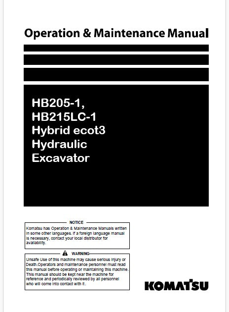 Komatsu HB205-1, HB215LC-1 Hybrid ecot3 Hydraulic Excavator Pdf Operation and Maintenance Manual