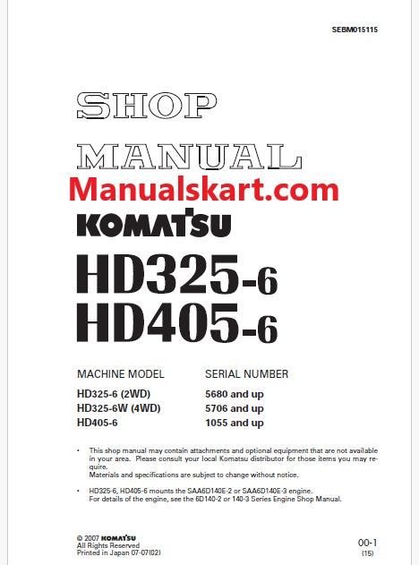Komatsu HD325-6W (4WD) Dump Truck Pdf Repair Service Manual Sn 5706 and UP