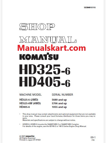 Komatsu HD325-6 (2WD) Dump Truck Pdf Repair Service Manual Sn 5680 and UP