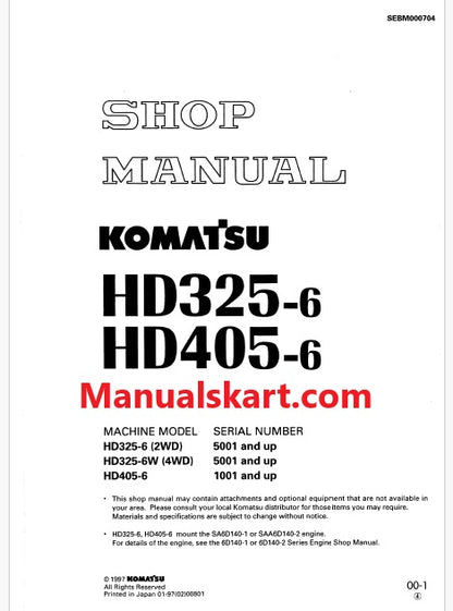 Komatsu HD325-6 (2WD), HD325-6W (4WD) Dump Truck Pdf Repair Service Manual Sn 5001 and UP