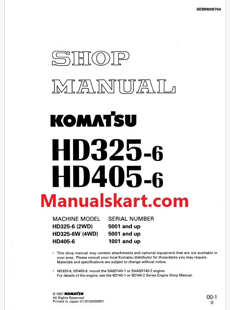 Komatsu HD325-6 (2WD), HD325-6W (4WD) Dump Truck Pdf Repair Service Manual Sn 5001 and UP