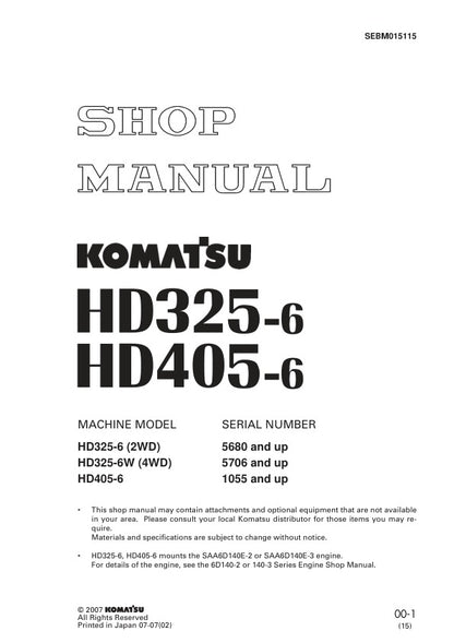 Komatsu HD325-6, HD405-6 Dump Truck Pdf Repair Service Manual (Sn 5001 And Up, 1001 And Up)