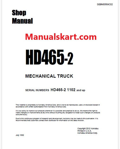 Komatsu HD465-2 Dump Truck Pdf Repair Service Manual Sn 1102 and UP