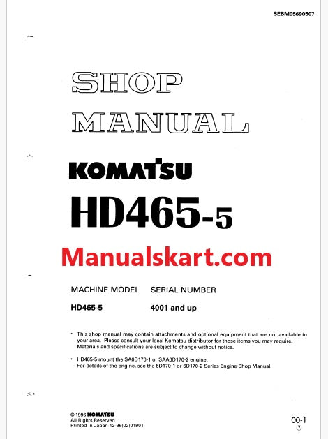 Komatsu HD465-5 Dump Truck Pdf Repair Service Manual Sn 4001 and UP