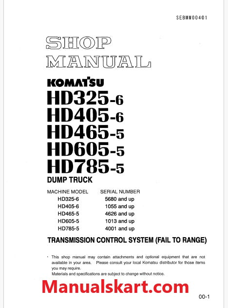 Komatsu HD465-5 Dump Truck Pdf Repair Service Manual Sn 4626 and UP