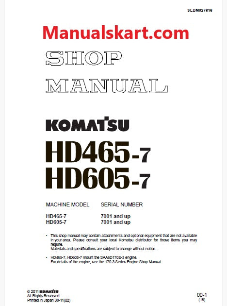Komatsu HD465-7, HD605-7 Dump Truck Pdf Repair Service Manual Sn 7001 and UP