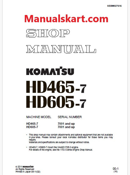 Komatsu HD465-7, HD605-7 Dump Truck Pdf Repair Service Manual Sn 7001 and UP