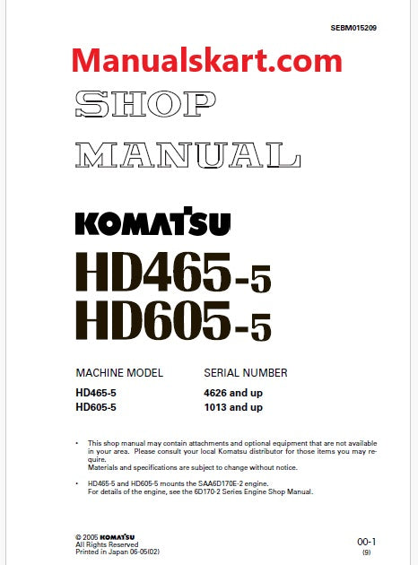 Komatsu HD605-5 Dump Truck Pdf Repair Service Manual Sn 1013 and UP