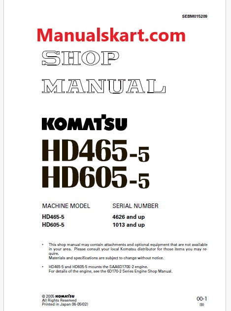 Komatsu HD605-5 Dump Truck Pdf Repair Service Manual Sn 1013 and UP