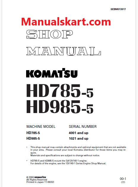 Komatsu HD985-5 Dump Truck Pdf Repair Service Manual Sn 1021 and UP