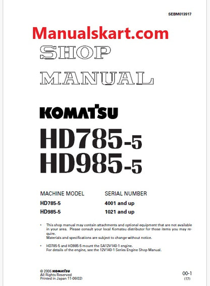 Komatsu HD785-5 Dump Truck Pdf Repair Service Manual Sn 4001 and UP