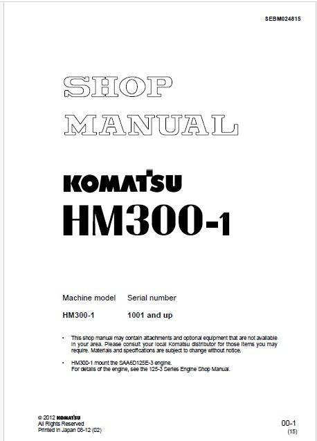 Komatsu HM300-1 Articulated Dump Truck Pdf Shop Repair Service Manual Sn 1001 and UP
