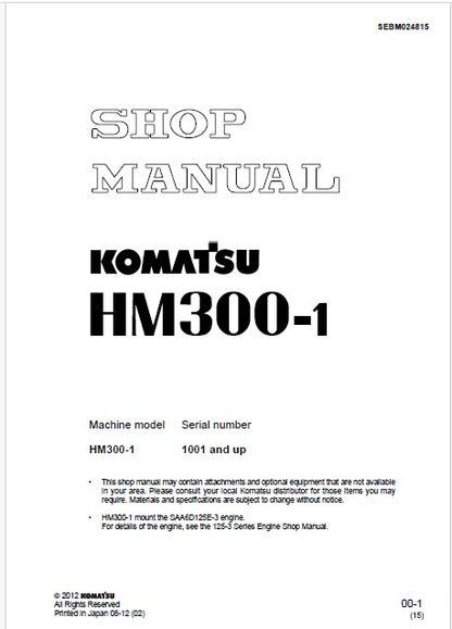 Komatsu HM300-1 Articulated Dump Truck Pdf Shop Repair Service Manual Sn 1001 and UP
