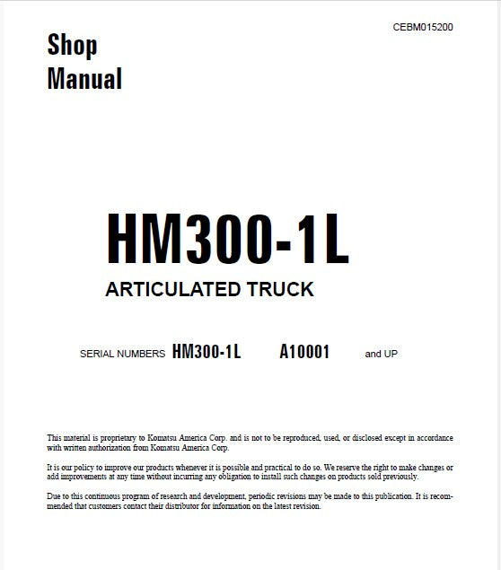 Komatsu HM300-1L Articulated Dump Truck Pdf Shop Repair Service Manual Sn A10001 and UP
