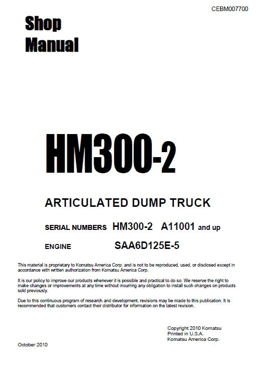 Komatsu HM300-2 Articulated Dump Truck Pdf Repair Service Manual (Sn A11001 & Up) USA