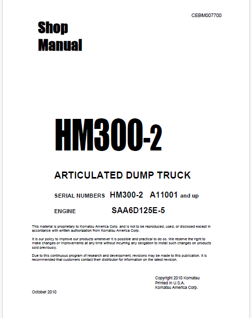 Komatsu HM300-2 Articulated Dump Truck Pdf Shop Repair Service Manual Sn A11001 and UP (USA)