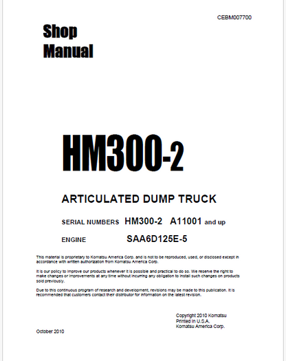 Komatsu HM300-2 Articulated Dump Truck Pdf Shop Repair Service Manual Sn A11001 and UP (USA)