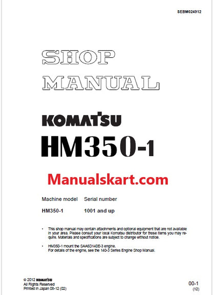 Komatsu HM350-1 Articulated Dump Truck Pdf Shop Repair Service Manual Sn 1001-UP