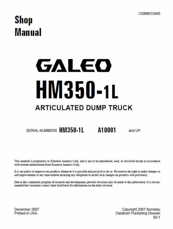 Komatsu HM350-1L Galeo Articulated Dump Truck Pdf Repair Service Manual (Sn A10001 & UP) USA