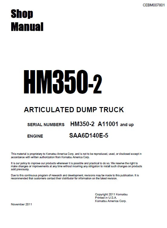 Komatsu HM350-2 Articulated Dump Truck Pdf Repair Service Manual (Sn A11001 And UP)