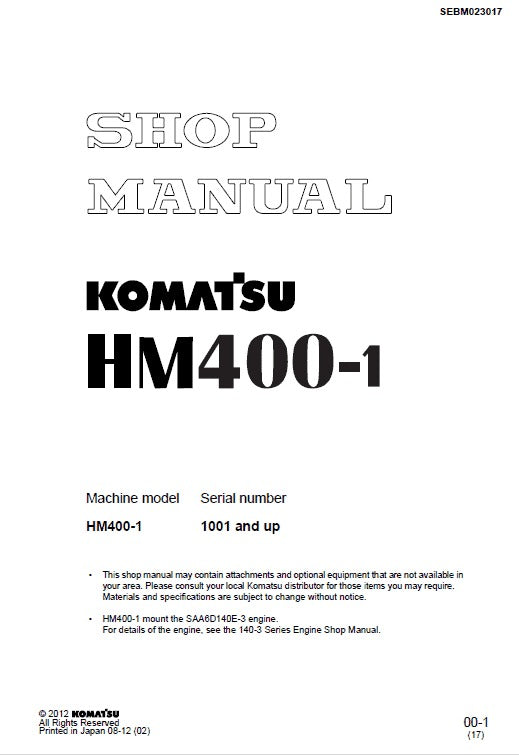 Komatsu HM400-1 Articulated Dump Truck Pdf Repair Service Manual (Sn 1001 & Up) JPN