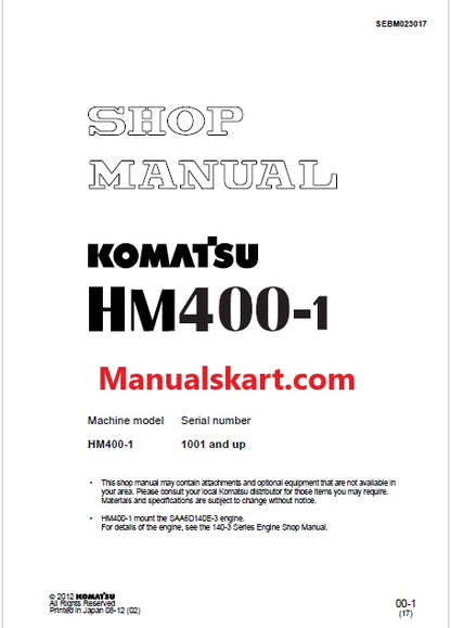 Komatsu HM400-1 Articulated Dump Truck Pdf Shop Repair Service Manual Sn 1001 and UP