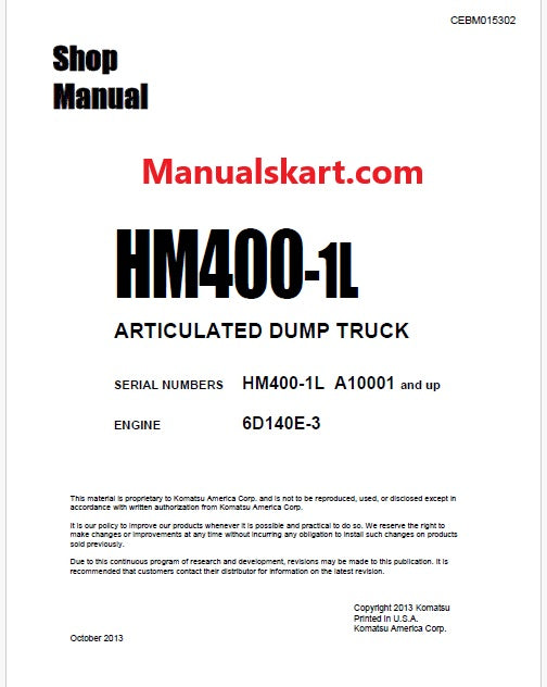 Komatsu HM400-1L Articulated Dump Truck Pdf Shop Repair Service Manual Sn A10001 and UP