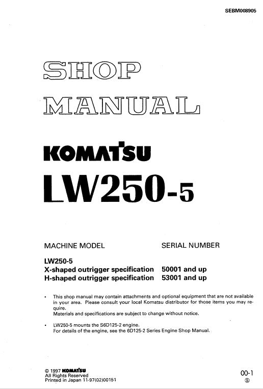 Komatsu LW250-5 Hydraulic Crane Pdf Shop Repair Service Manual Sn 50001 & Up