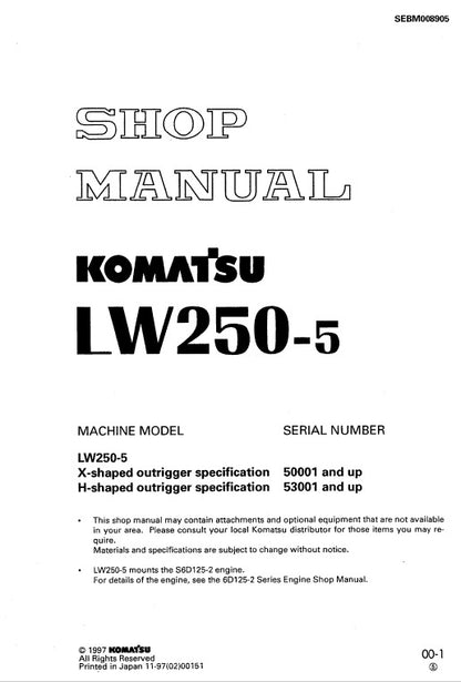 Komatsu LW250-5 Hydraulic Crane Pdf Shop Repair Service Manual Sn 50001 & Up