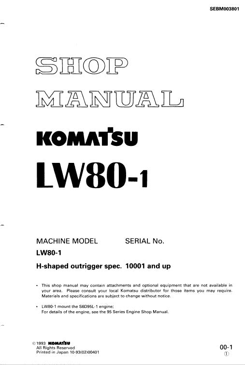 Komatsu LW80-1 Hydraulic Crane Pdf Shop Repair Service Manual Sn 10001 & Up