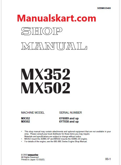 Komatsu MX352 Crawler Excavator Pdf Repair Service Manual Sn 6Y6089 and UP