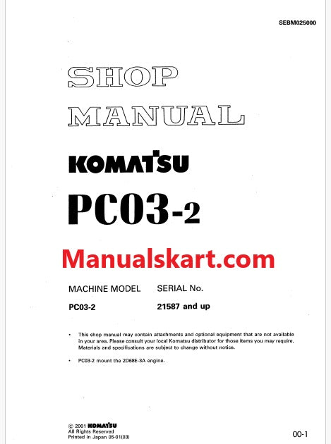 Komatsu PC03-2 Crawler Excavator Pdf Repair Service Manual Sn 21587 and UP