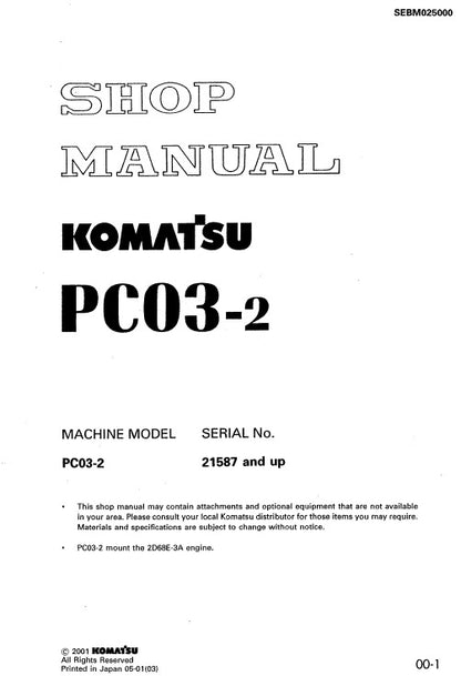 Komatsu PC03-2 Mini Crawler Hydraulic Excavator Pdf Repair Service Manual (Sn 21587 And Up)