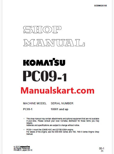 Komatsu PC09-1 Crawler Excavator Pdf Repair Service Manual Sn 10001 and UP