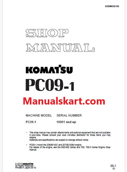 Komatsu PC09-1 Crawler Excavator Pdf Repair Service Manual Sn 10001 and UP