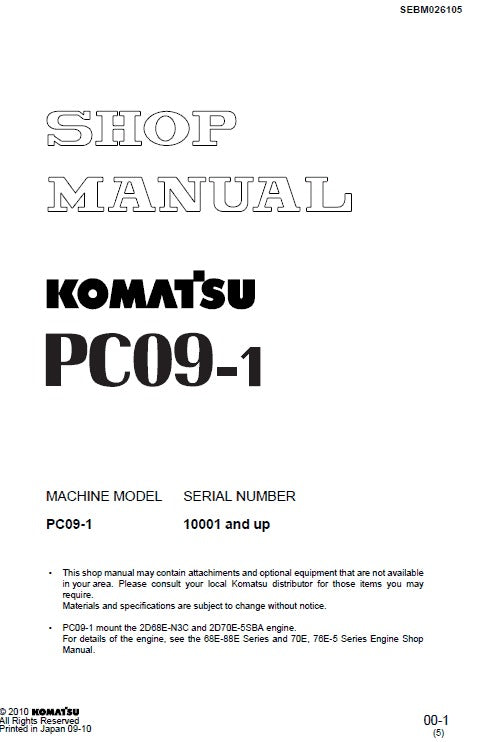 Komatsu PC09-1 Mini Crawler Hydraulic Excavator Pdf Repair Service Manual (Sn 10001 And Up)