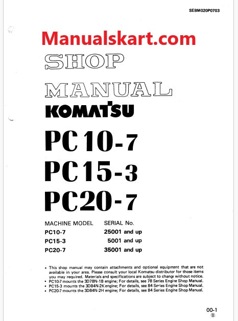 Komatsu PC10-7 Hydraulic Excavator Pdf Repair Service Manual Sn 25001 and UP