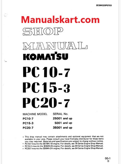 Komatsu PC10-7 Hydraulic Excavator Pdf Repair Service Manual Sn 25001 and UP