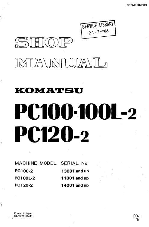 Komatsu PC100-2, PC100L-2, PC120-2 Crawler Hydraulic Excavator Pdf Repair Service Manual