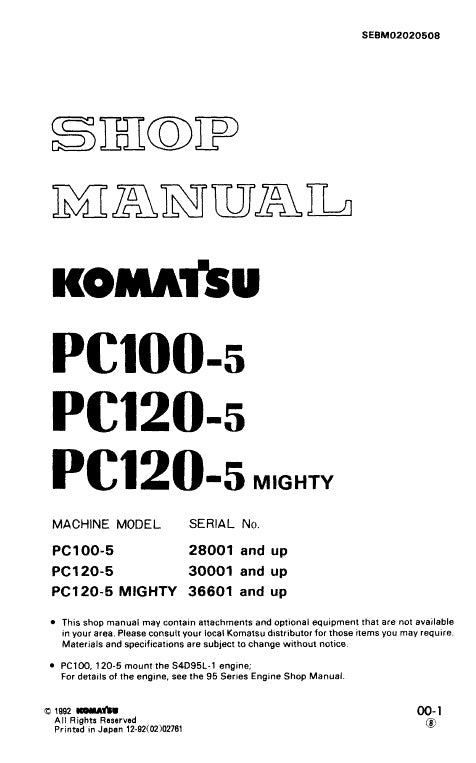 Komatsu PC100-5, PC120-5 Mighty Crawler Hydraulic Excavator Pdf Repair Service Manual