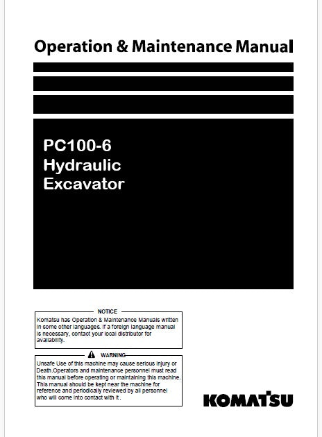 Komatsu PC100-6 Hydraulic Excavator Pdf Operation and Maintenance Manual J20001 and UP