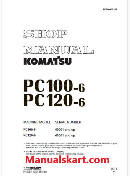 Komatsu PC100-6 Hydraulic Excavator Pdf Shop Repair Service Manual Sn 40001 and UP