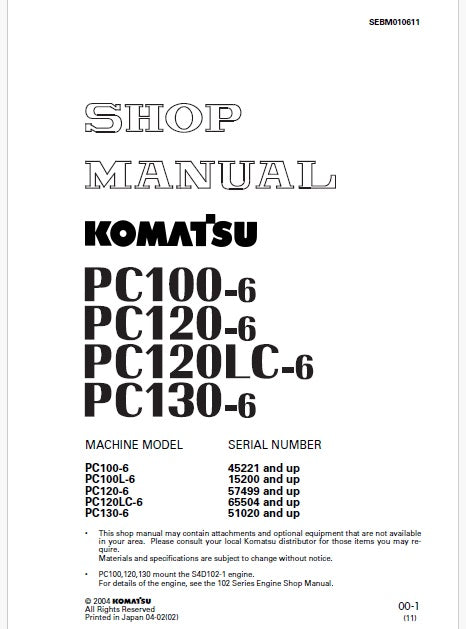 Komatsu PC100-6 Hydraulic Excavator Pdf Shop Repair Service Manual Sn 45221 and UP