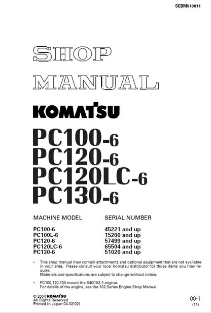 Komatsu PC100-6, PC120-6, PC120LC-6, PC130-6 Hydraulic Excavator Pdf Repair Service Manual